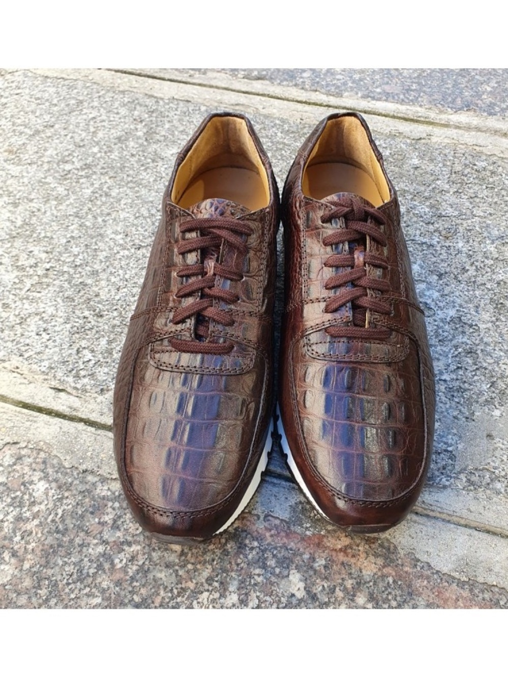 Men's Brown Croc-Embossed Leather Lace-Up Sneakers
